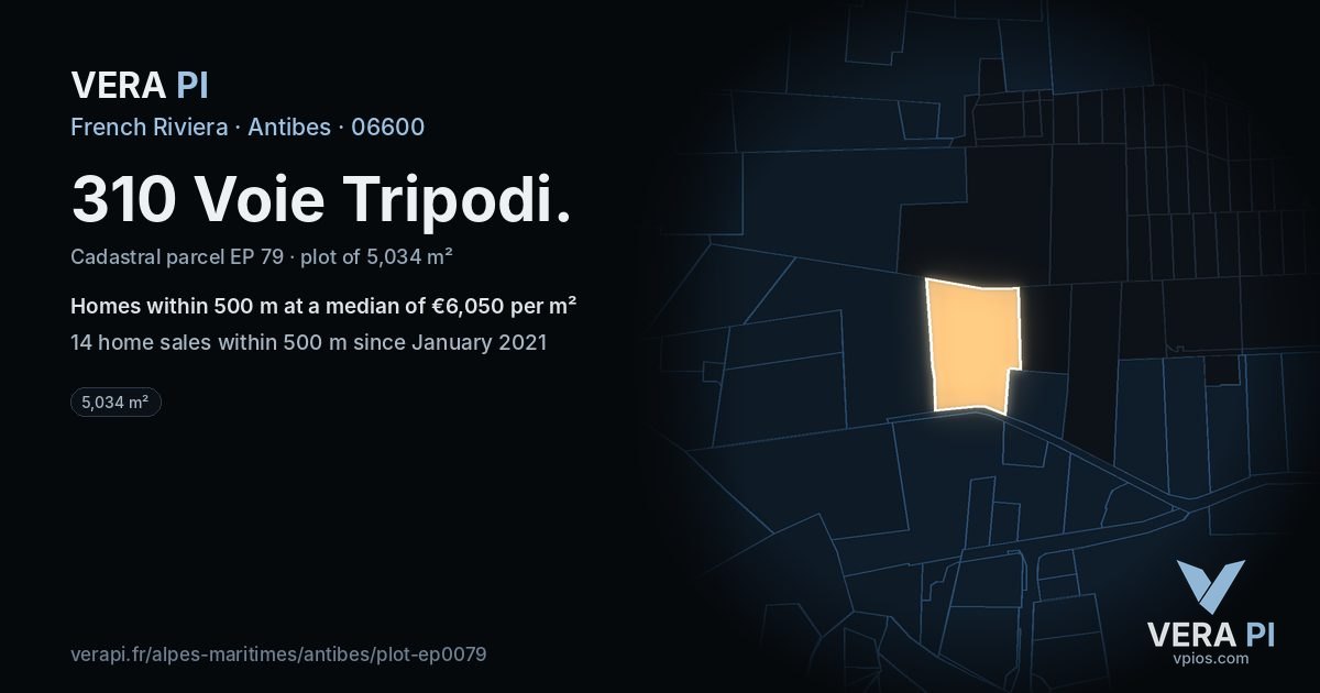 310 Voie Tripodi, Antibes at night – the plot lit, the parcels around coloured by the prices near them