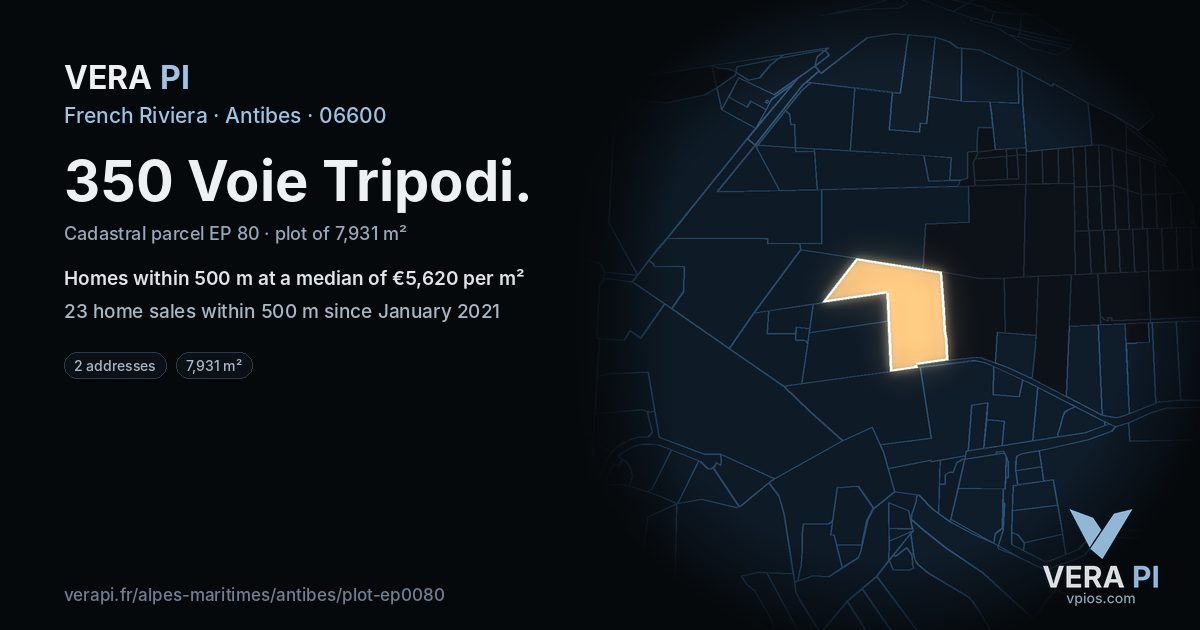 350 Voie Tripodi, Antibes at night – the plot lit, the parcels around coloured by the prices near them