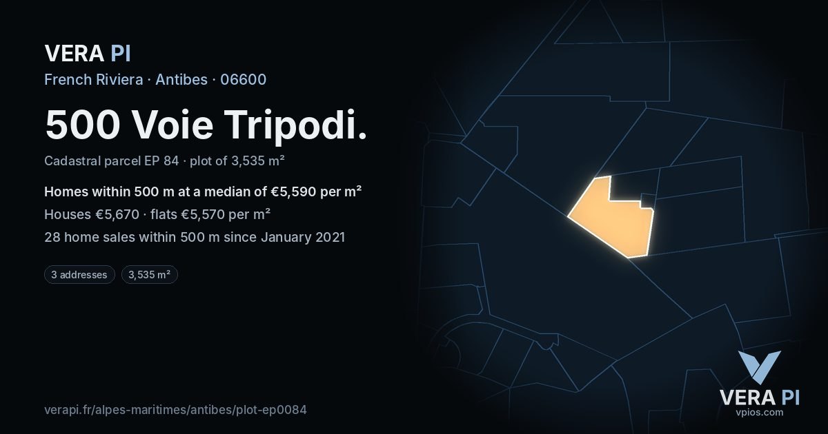 500 Voie Tripodi, Antibes at night – the plot lit, the parcels around coloured by the prices near them