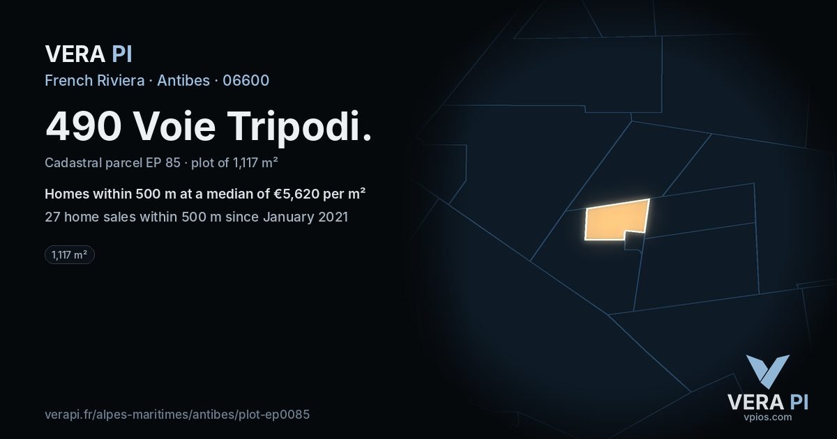 490 Voie Tripodi, Antibes at night – the plot lit, the parcels around coloured by the prices near them