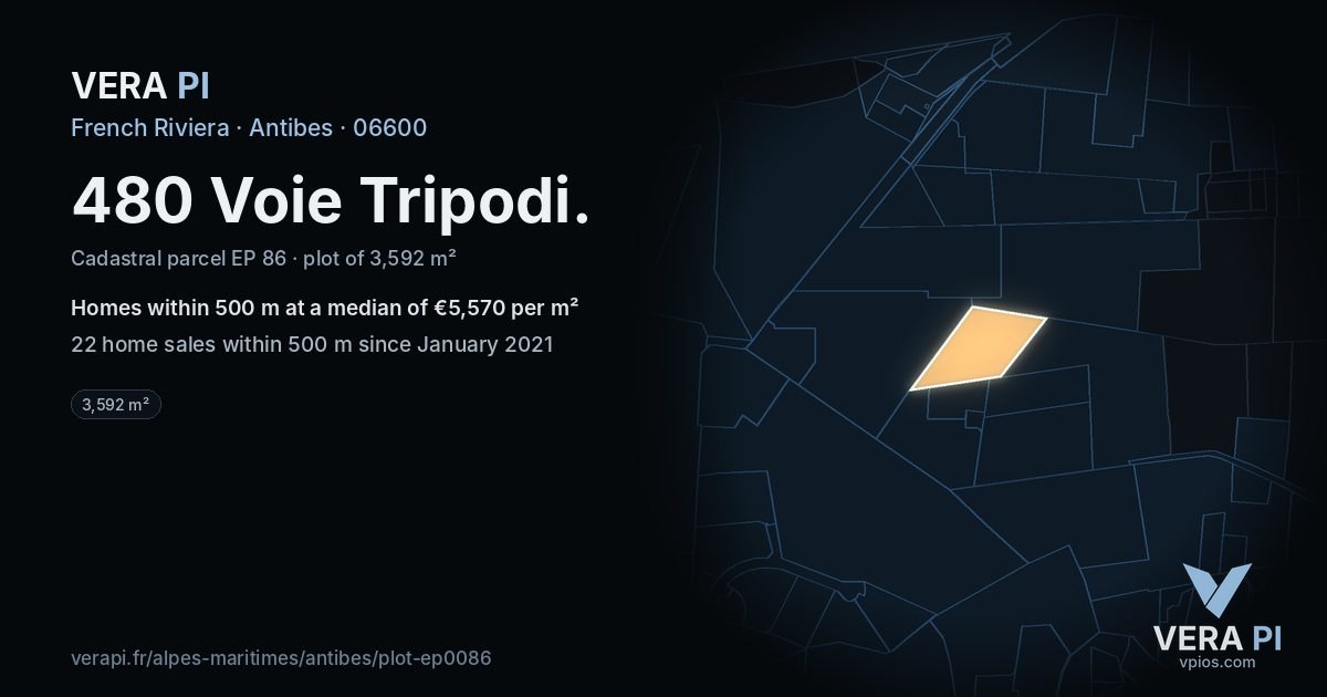480 Voie Tripodi, Antibes at night – the plot lit, the parcels around coloured by the prices near them