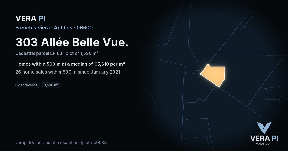 303 Allée Belle Vue, Antibes at night – the plot lit, the parcels around coloured by the prices near them