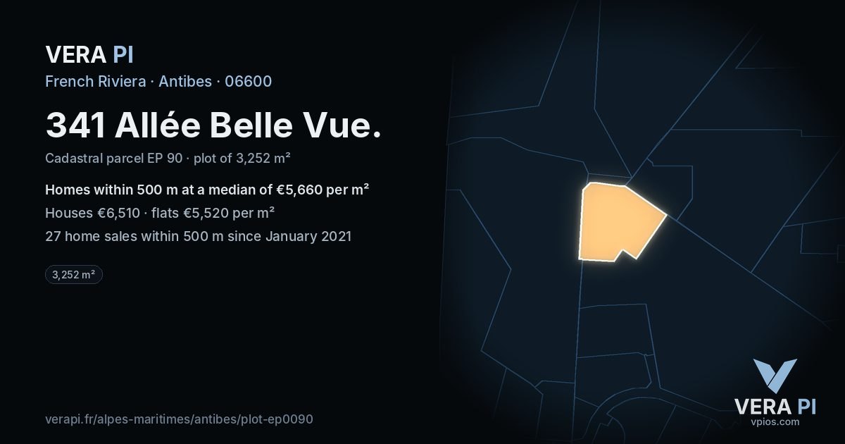 341 Allée Belle Vue, Antibes at night – the plot lit, the parcels around coloured by the prices near them