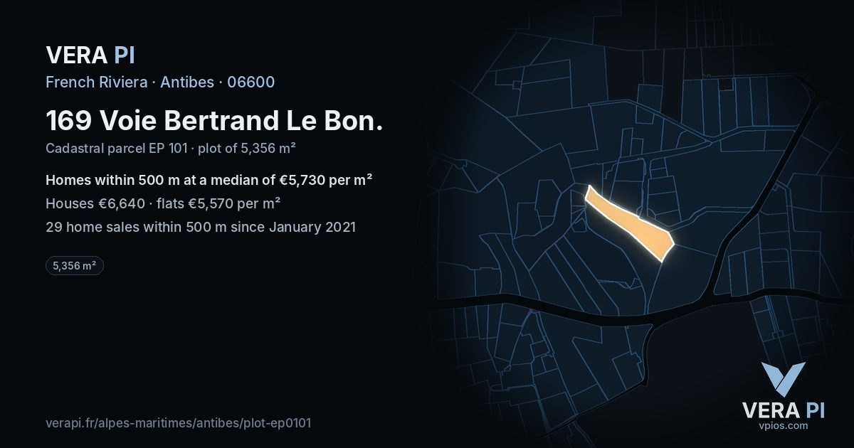 169 Voie Bertrand Le Bon, Antibes at night – the plot lit, the parcels around coloured by the prices near them