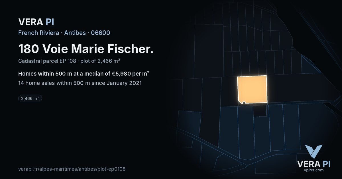 180 Voie Marie Fischer, Antibes at night – the plot lit, the parcels around coloured by the prices near them
