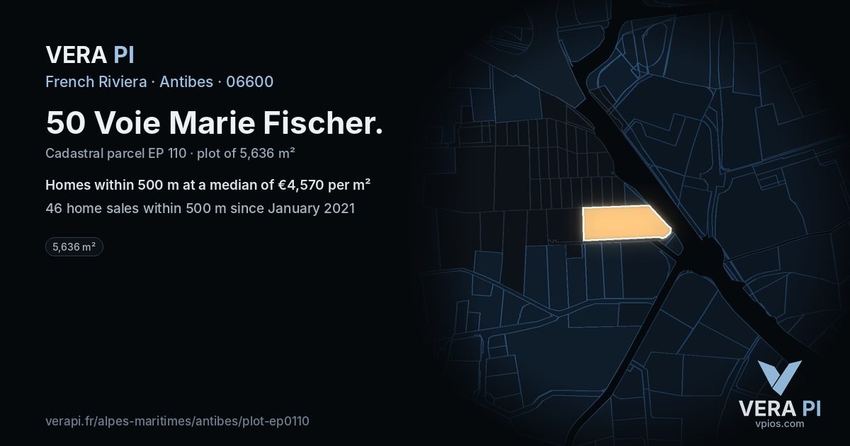 50 Voie Marie Fischer, Antibes at night – the plot lit, the parcels around coloured by the prices near them
