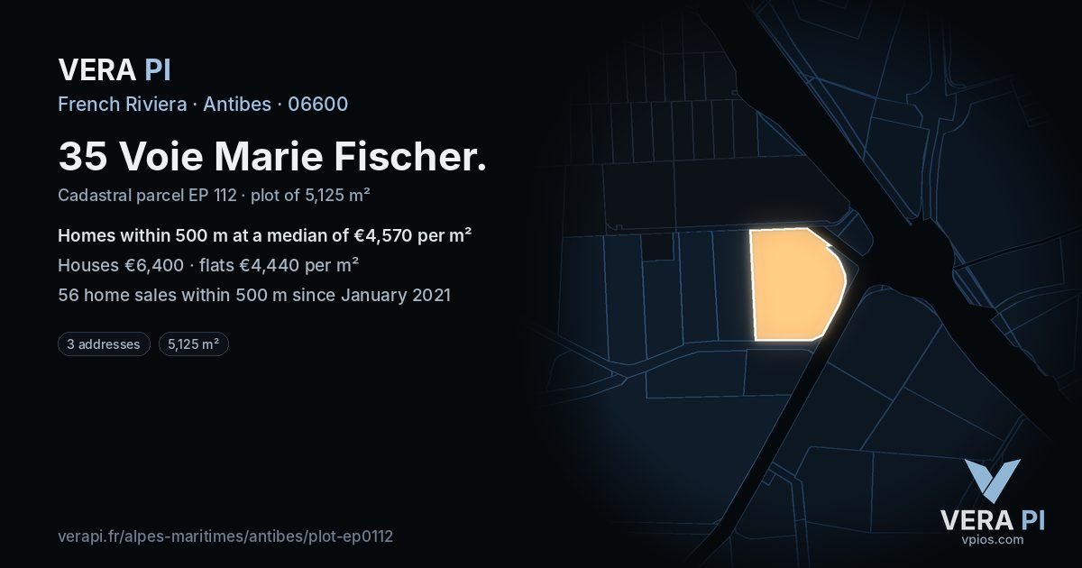 35 Voie Marie Fischer, Antibes at night – the plot lit, the parcels around coloured by the prices near them