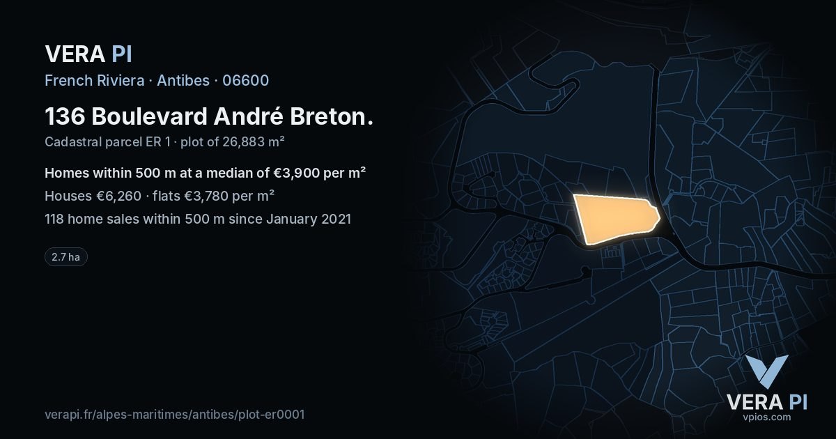 136 Boulevard André Breton, Antibes at night – the plot lit, the parcels around coloured by the prices near them