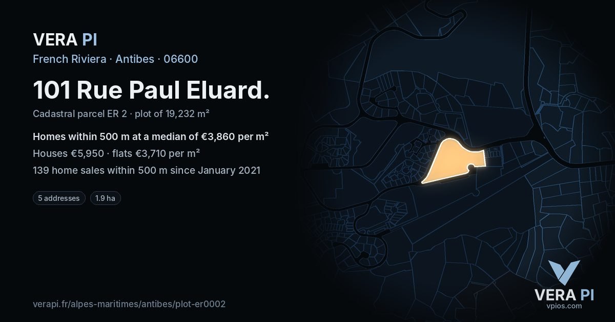101 Rue Paul Eluard, Antibes at night – the plot lit, the parcels around coloured by the prices near them