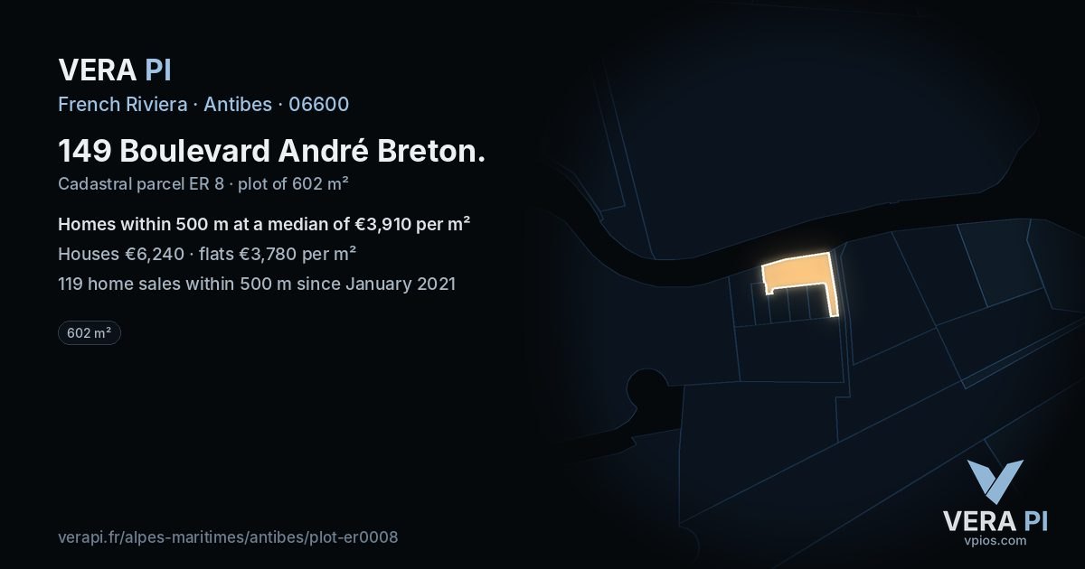 149 Boulevard André Breton, Antibes at night – the plot lit, the parcels around coloured by the prices near them