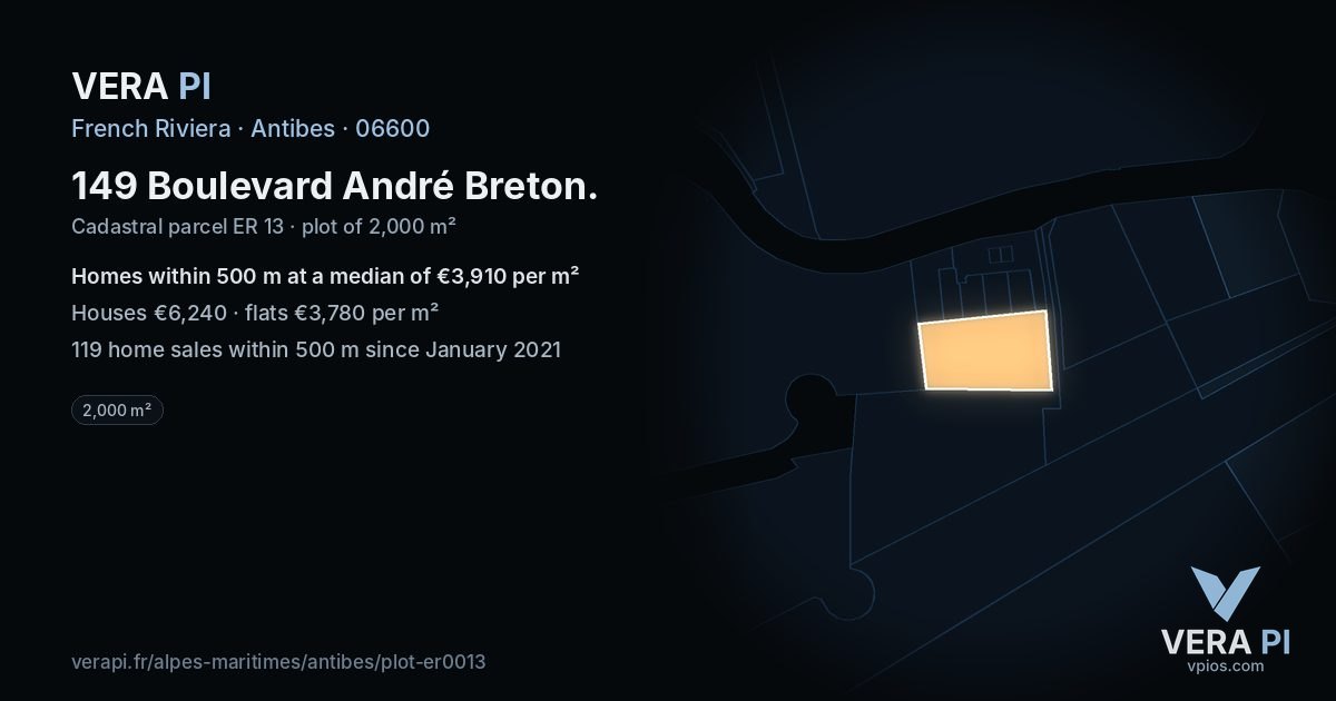 149 Boulevard André Breton, Antibes at night – the plot lit, the parcels around coloured by the prices near them