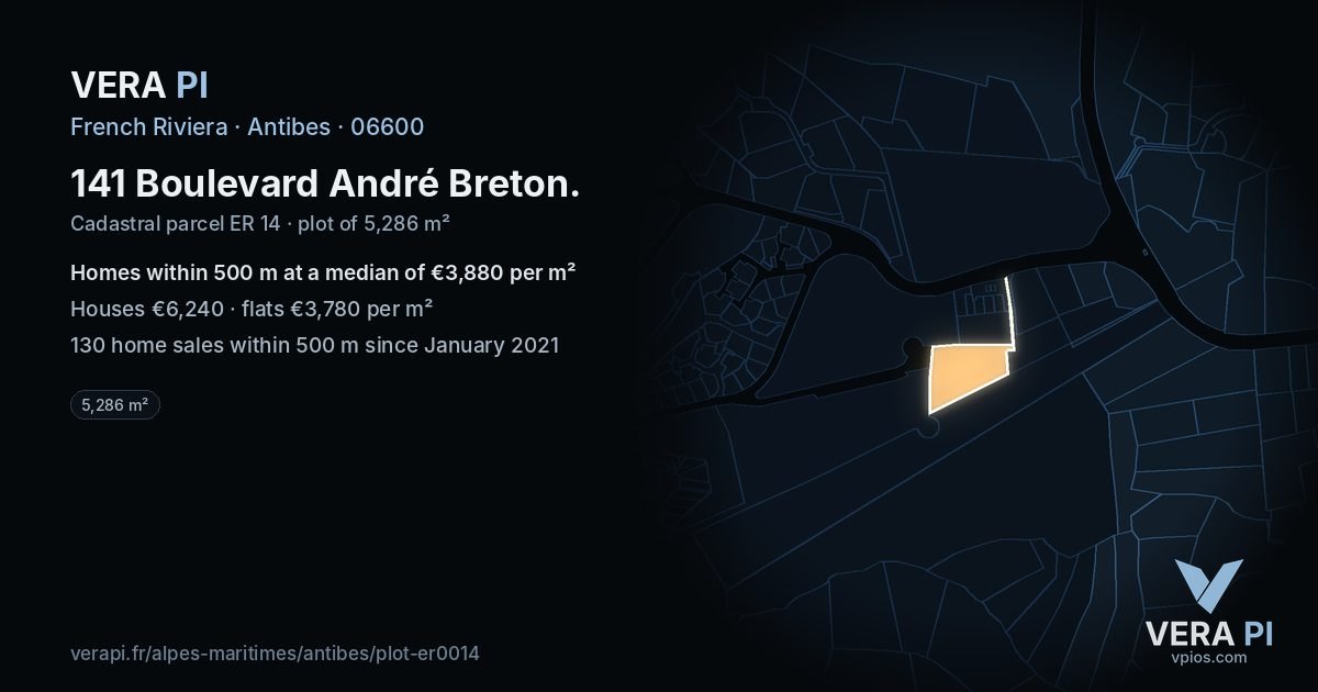 141 Boulevard André Breton, Antibes at night – the plot lit, the parcels around coloured by the prices near them
