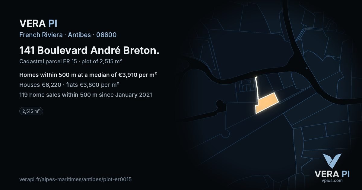 141 Boulevard André Breton, Antibes at night – the plot lit, the parcels around coloured by the prices near them