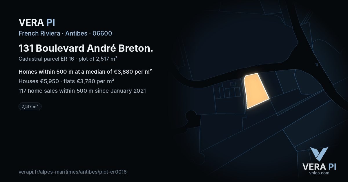 131 Boulevard André Breton, Antibes at night – the plot lit, the parcels around coloured by the prices near them
