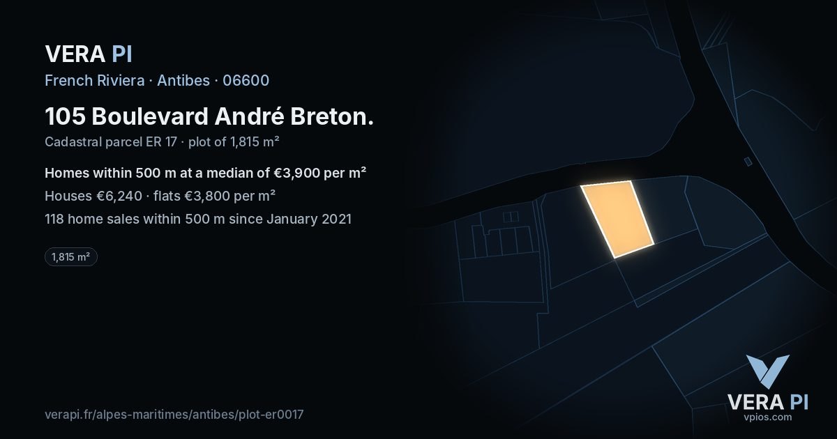 105 Boulevard André Breton, Antibes at night – the plot lit, the parcels around coloured by the prices near them