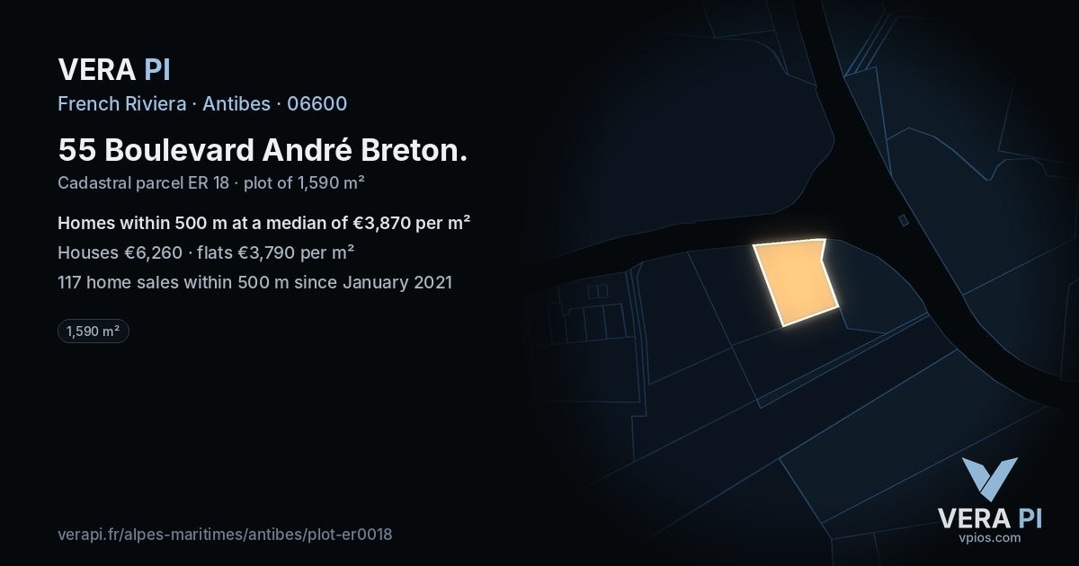 55 Boulevard André Breton, Antibes at night – the plot lit, the parcels around coloured by the prices near them