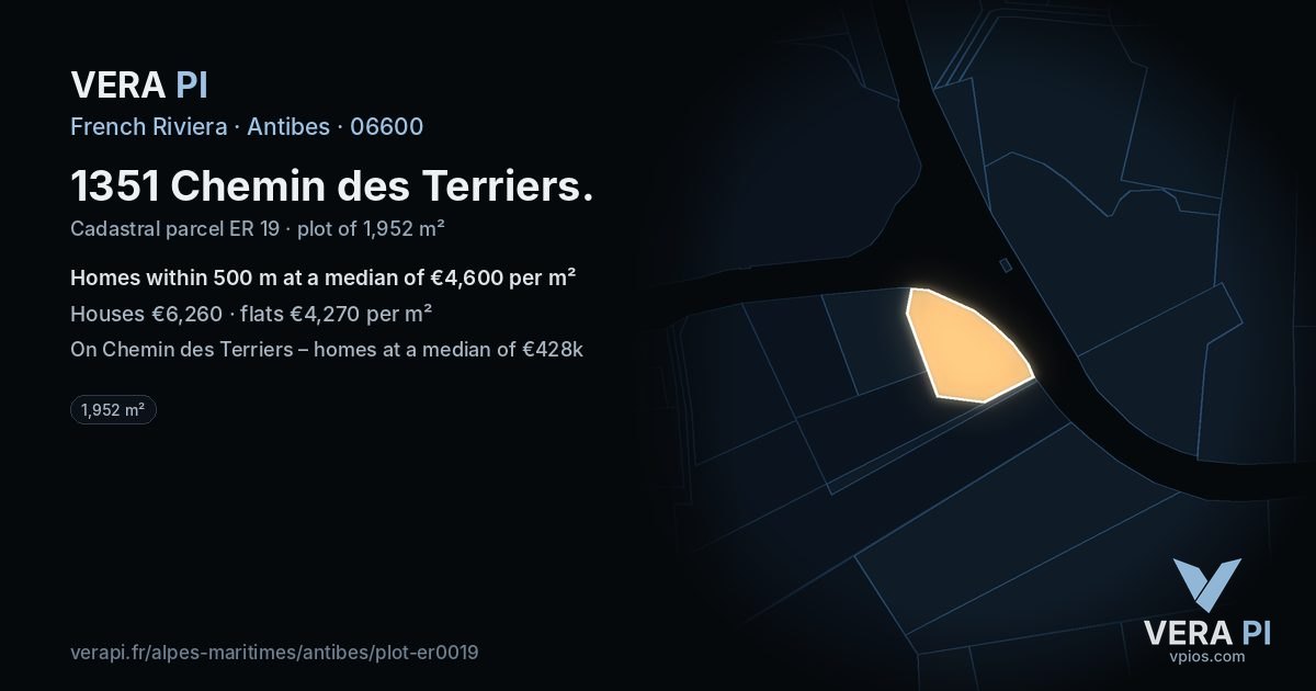 1351 Chemin des Terriers, Antibes at night – the plot lit, the parcels around coloured by the prices near them