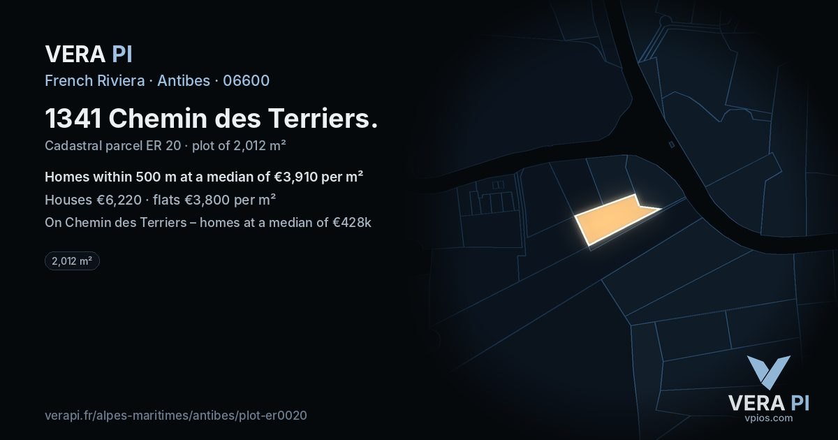 1341 Chemin des Terriers, Antibes at night – the plot lit, the parcels around coloured by the prices near them