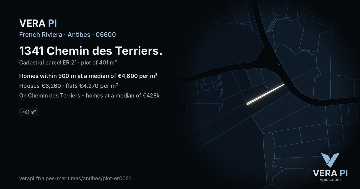 1341 Chemin des Terriers, Antibes at night – the plot lit, the parcels around coloured by the prices near them