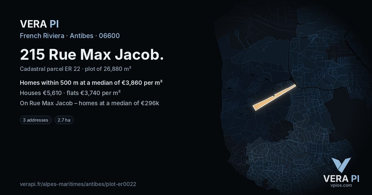 215 Rue Max Jacob, Antibes at night – the plot lit, the parcels around coloured by the prices near them
