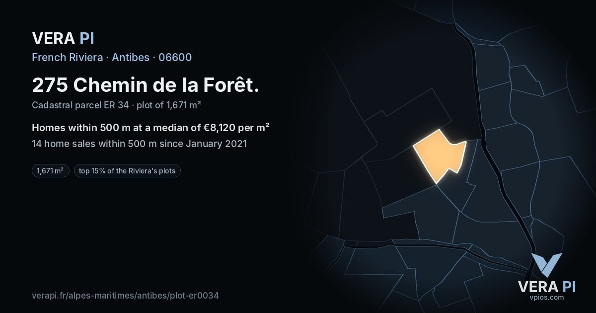 275 Chemin de la Forêt, Antibes at night – the plot lit, the parcels around coloured by the prices near them