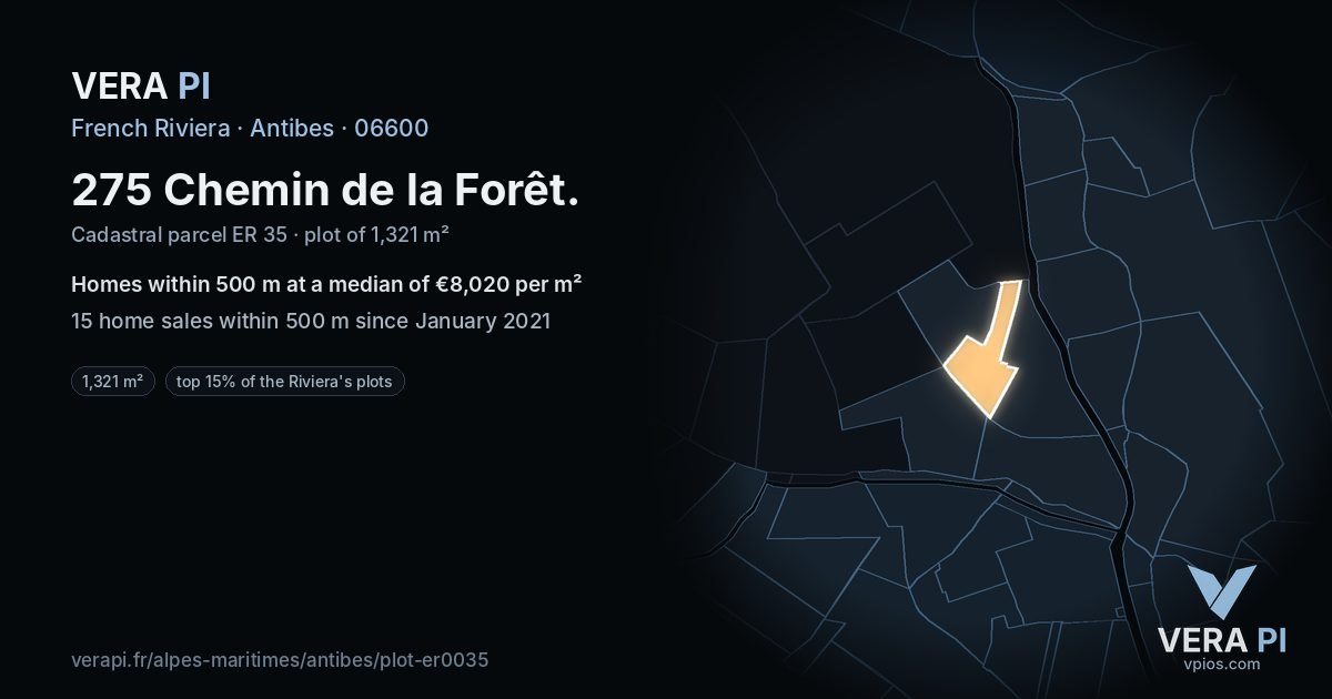 275 Chemin de la Forêt, Antibes at night – the plot lit, the parcels around coloured by the prices near them