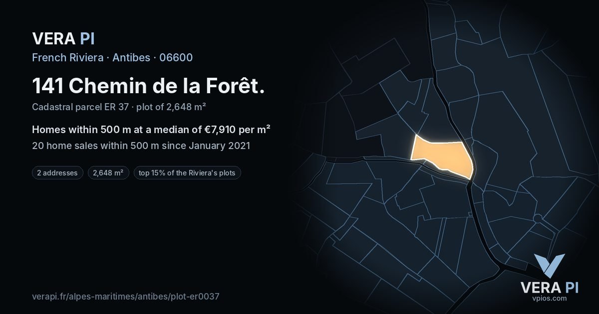 141 Chemin de la Forêt, Antibes at night – the plot lit, the parcels around coloured by the prices near them
