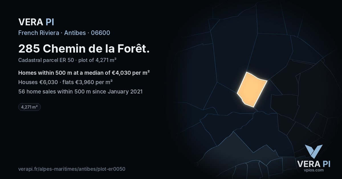 285 Chemin de la Forêt, Antibes at night – the plot lit, the parcels around coloured by the prices near them