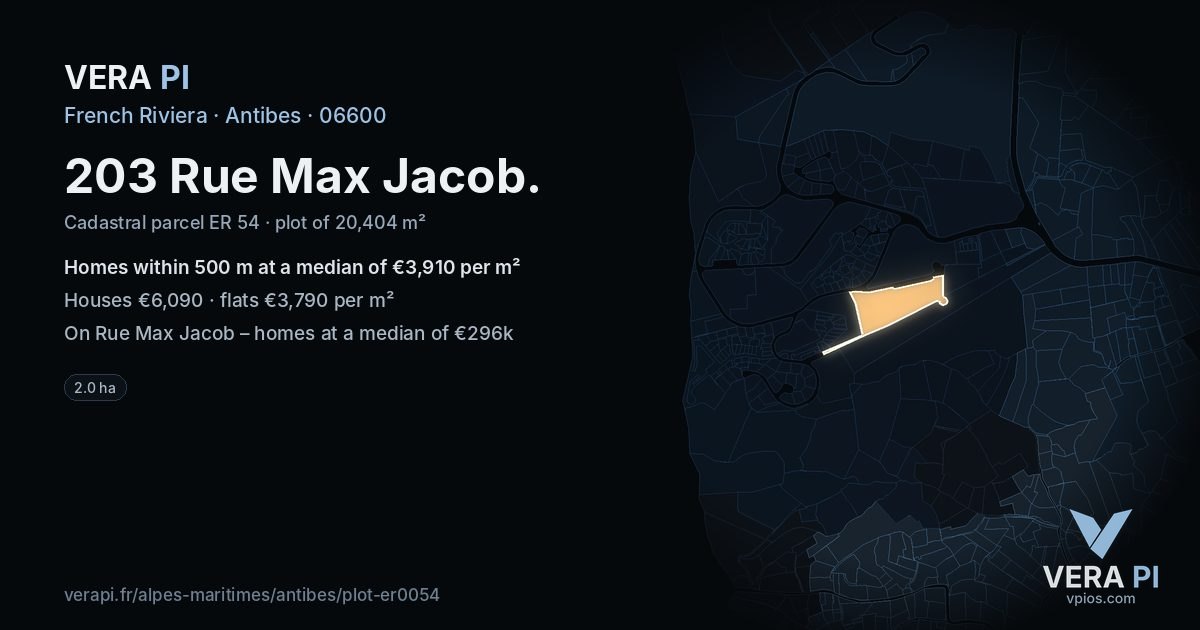 203 Rue Max Jacob, Antibes at night – the plot lit, the parcels around coloured by the prices near them