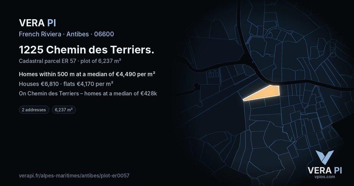 1225 Chemin des Terriers, Antibes at night – the plot lit, the parcels around coloured by the prices near them