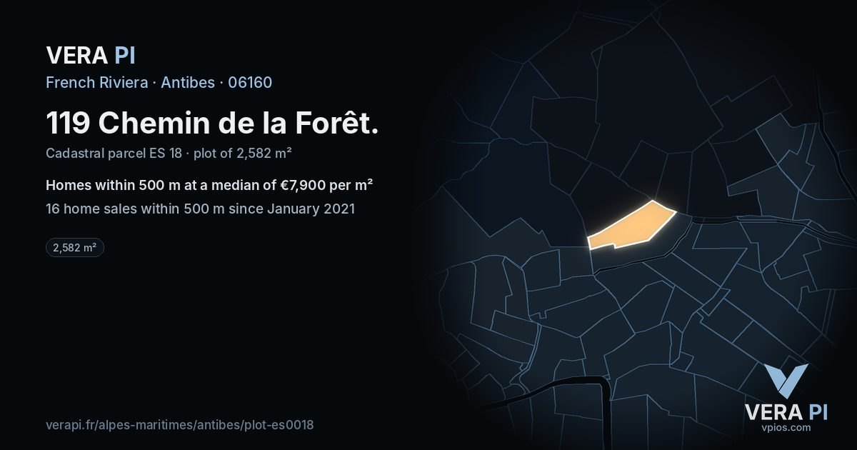 119 Chemin de la Forêt, Antibes at night – the plot lit, the parcels around coloured by the prices near them
