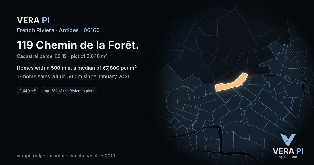 119 Chemin de la Forêt, Antibes at night – the plot lit, the parcels around coloured by the prices near them