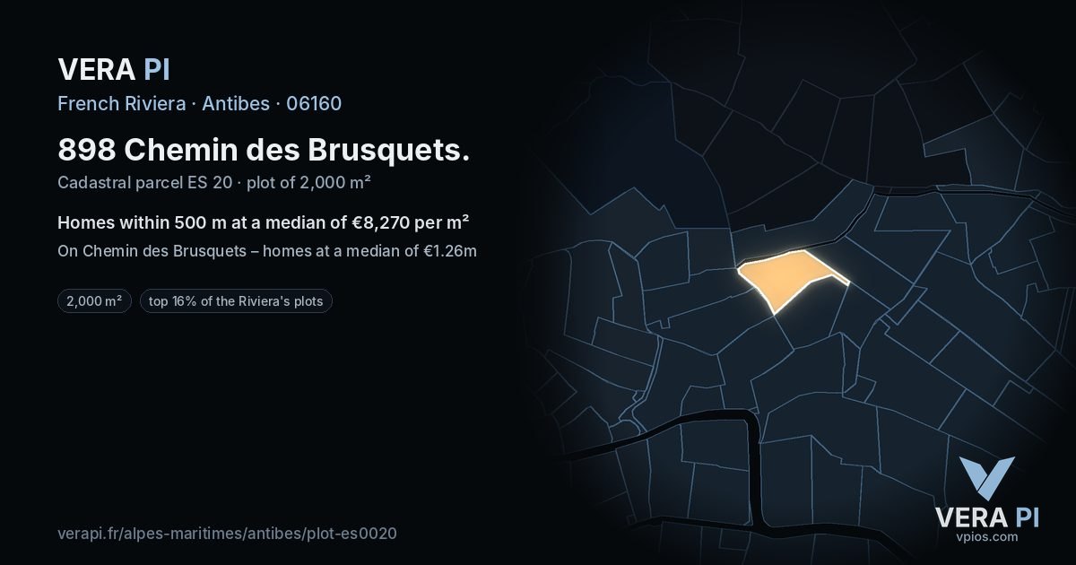 898 Chemin des Brusquets, Antibes at night – the plot lit, the parcels around coloured by the prices near them