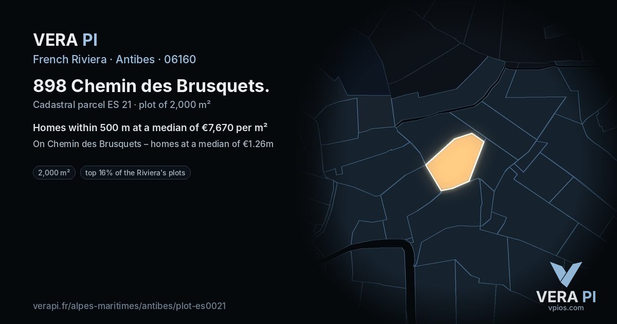 898 Chemin des Brusquets, Antibes at night – the plot lit, the parcels around coloured by the prices near them