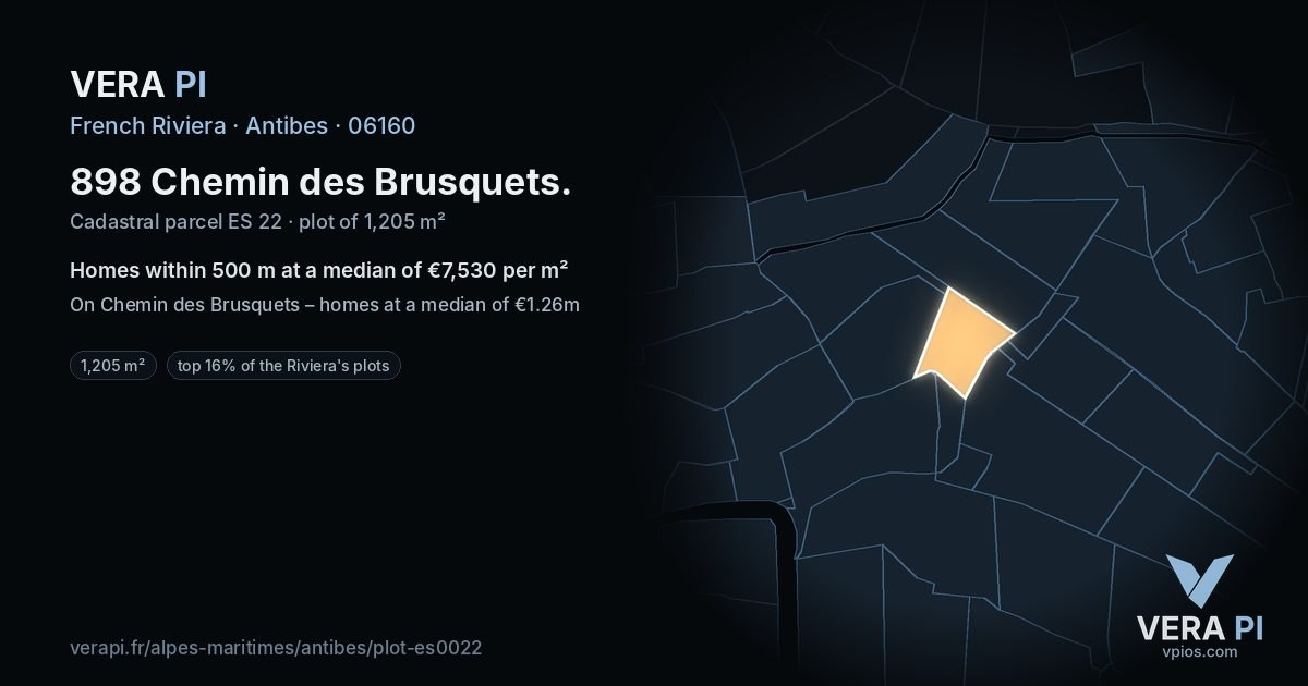 898 Chemin des Brusquets, Antibes at night – the plot lit, the parcels around coloured by the prices near them