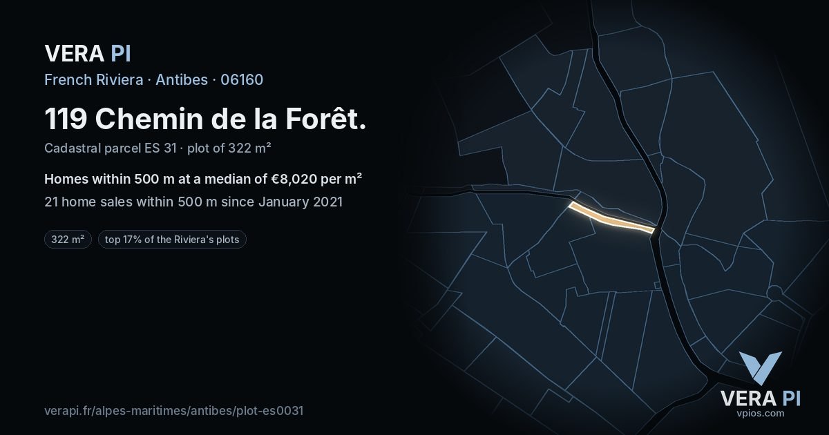 119 Chemin de la Forêt, Antibes at night – the plot lit, the parcels around coloured by the prices near them