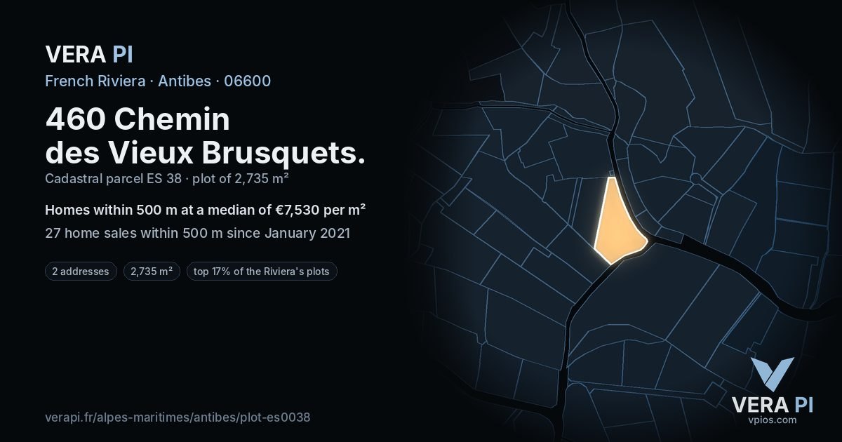 460 Chemin des Vieux Brusquets, Antibes at night – the plot lit, the parcels around coloured by the prices near them