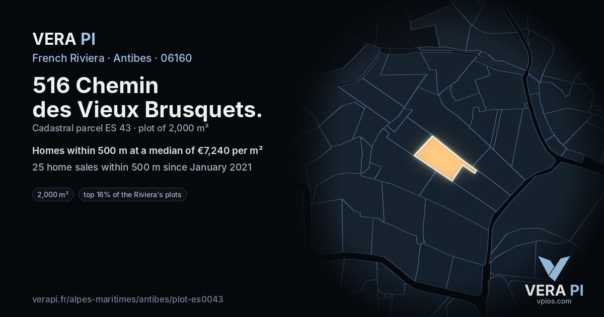 516 Chemin des Vieux Brusquets, Antibes at night – the plot lit, the parcels around coloured by the prices near them