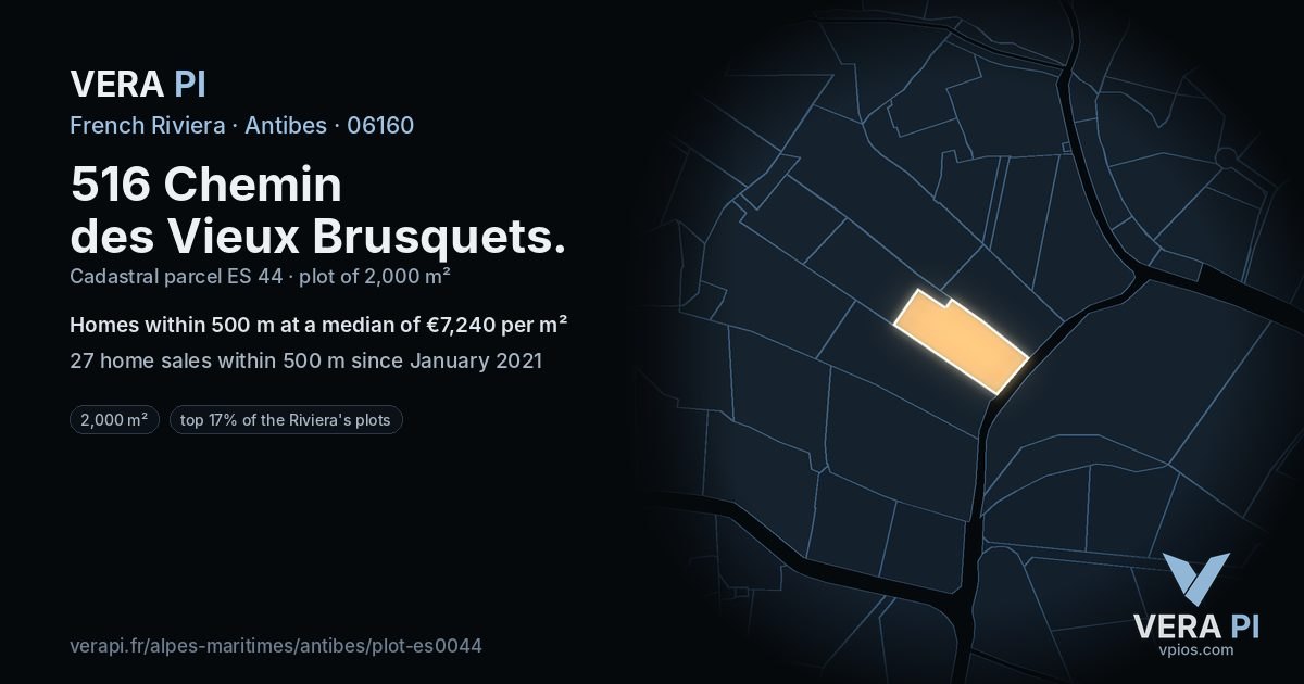 516 Chemin des Vieux Brusquets, Antibes at night – the plot lit, the parcels around coloured by the prices near them