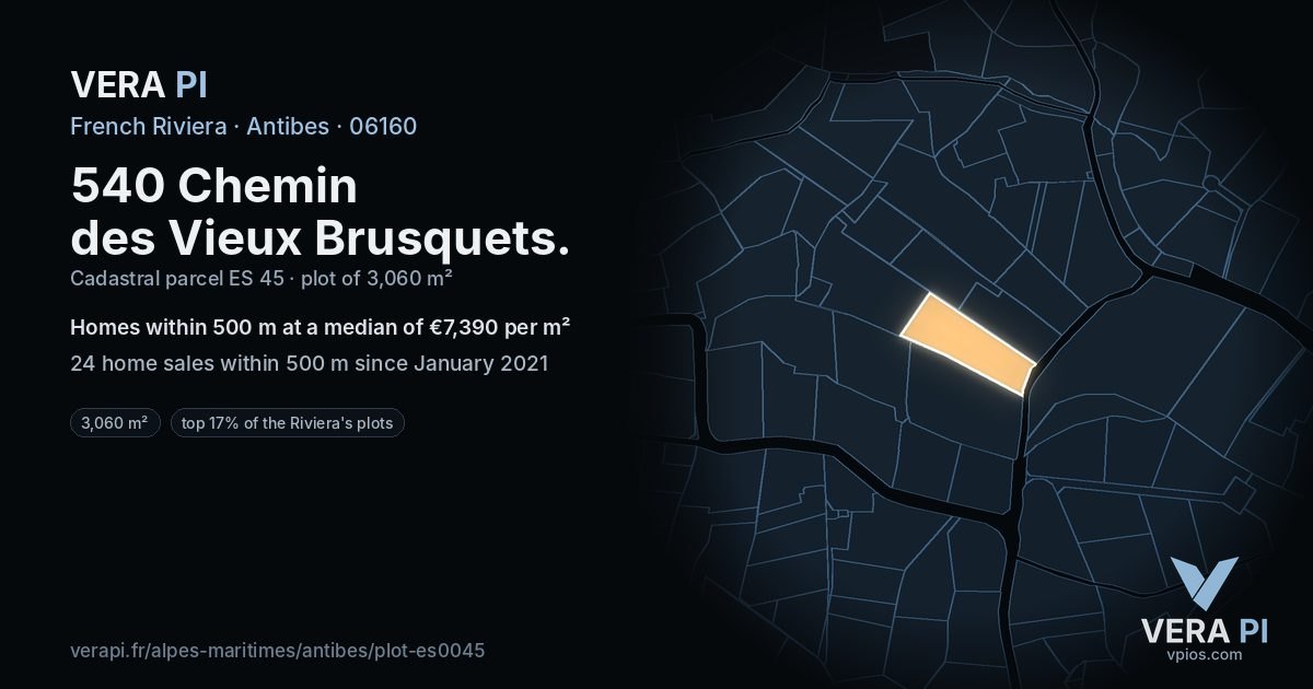 540 Chemin des Vieux Brusquets, Antibes at night – the plot lit, the parcels around coloured by the prices near them
