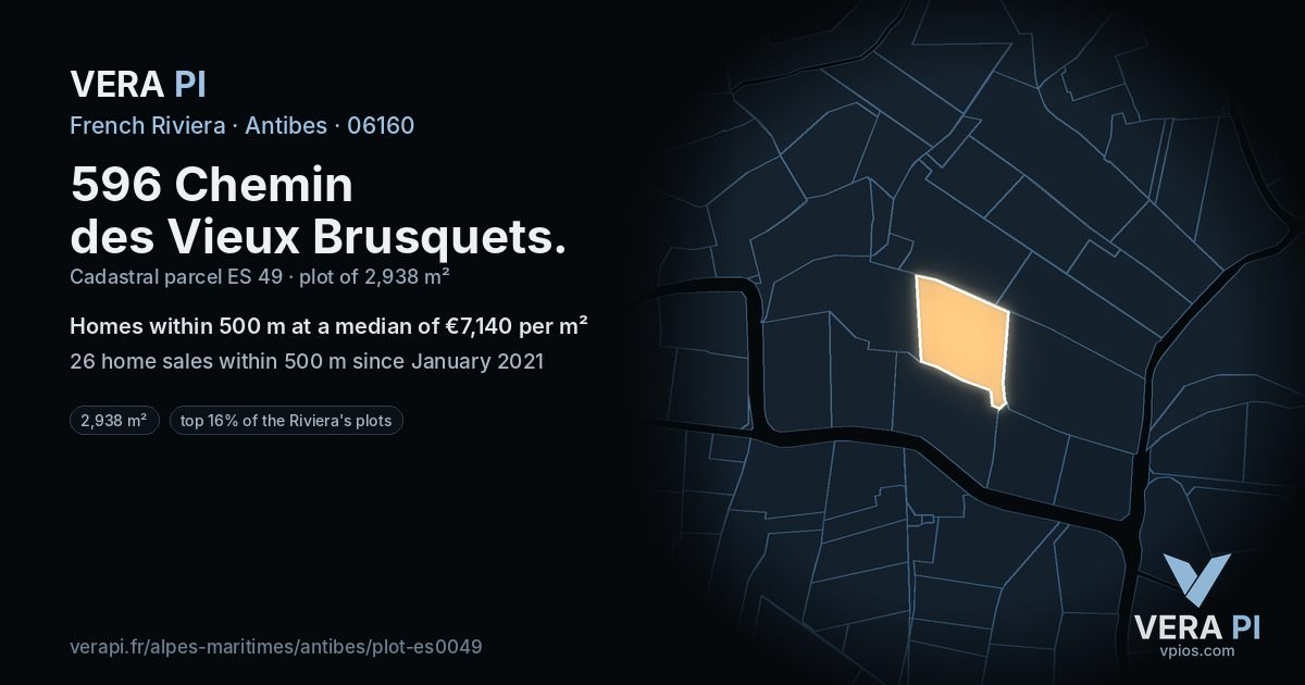 596 Chemin des Vieux Brusquets, Antibes at night – the plot lit, the parcels around coloured by the prices near them