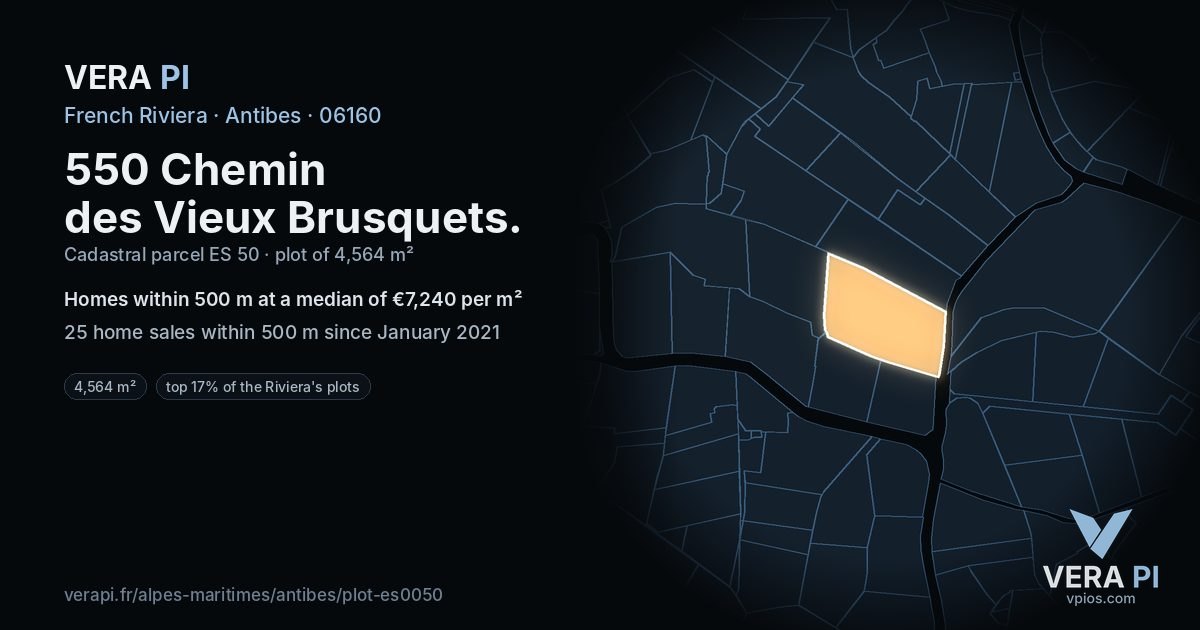 550 Chemin des Vieux Brusquets, Antibes at night – the plot lit, the parcels around coloured by the prices near them
