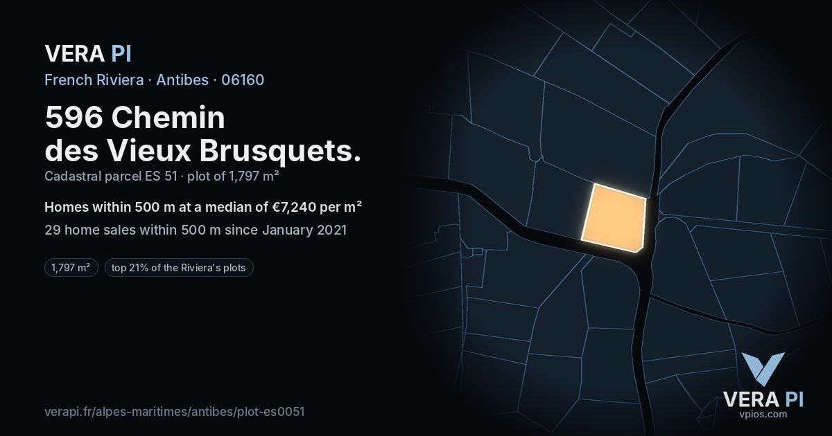 596 Chemin des Vieux Brusquets, Antibes at night – the plot lit, the parcels around coloured by the prices near them