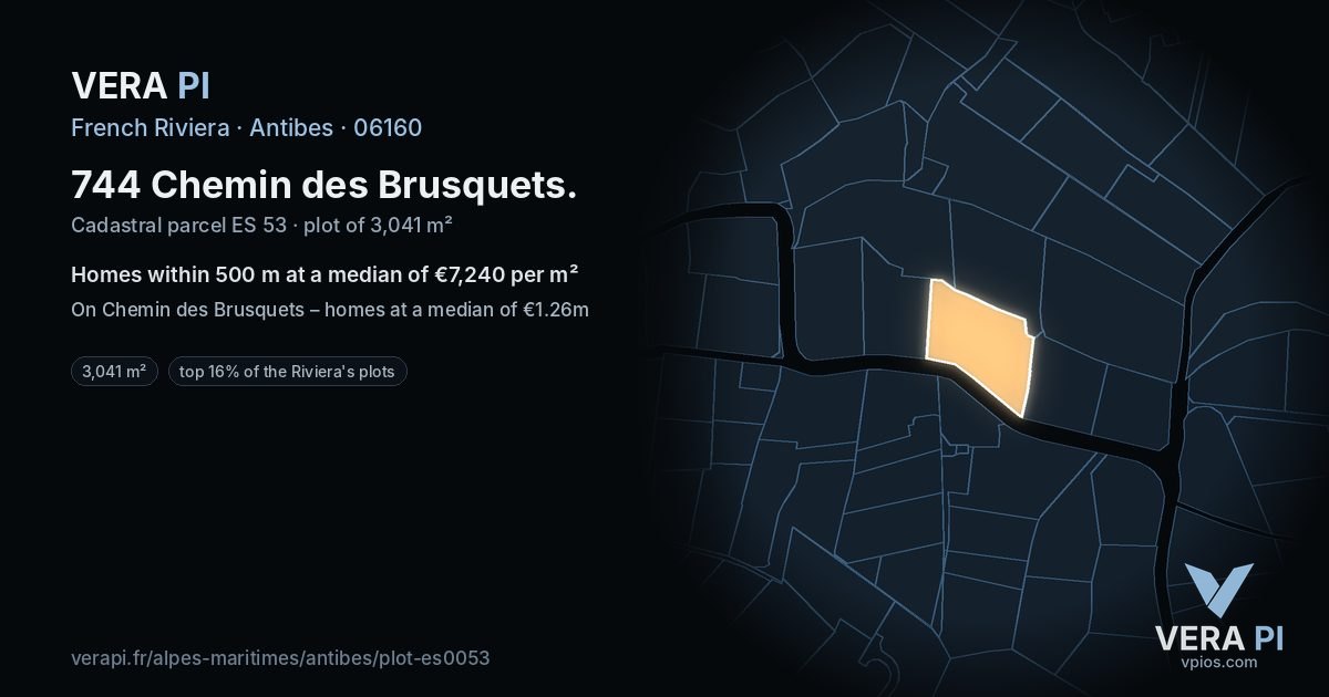 744 Chemin des Brusquets, Antibes at night – the plot lit, the parcels around coloured by the prices near them