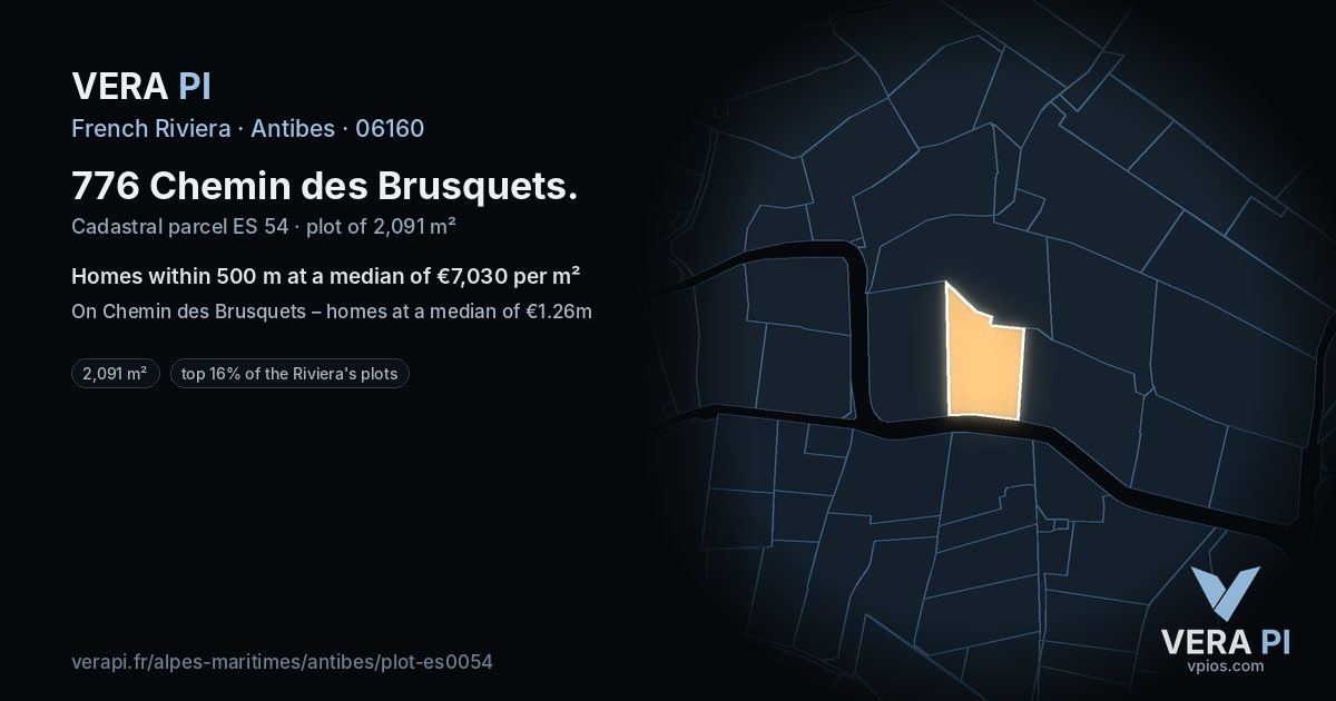 776 Chemin des Brusquets, Antibes at night – the plot lit, the parcels around coloured by the prices near them