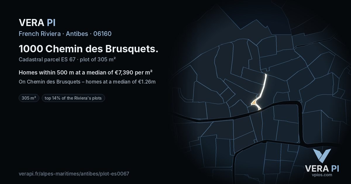 1000 Chemin des Brusquets, Antibes at night – the plot lit, the parcels around coloured by the prices near them