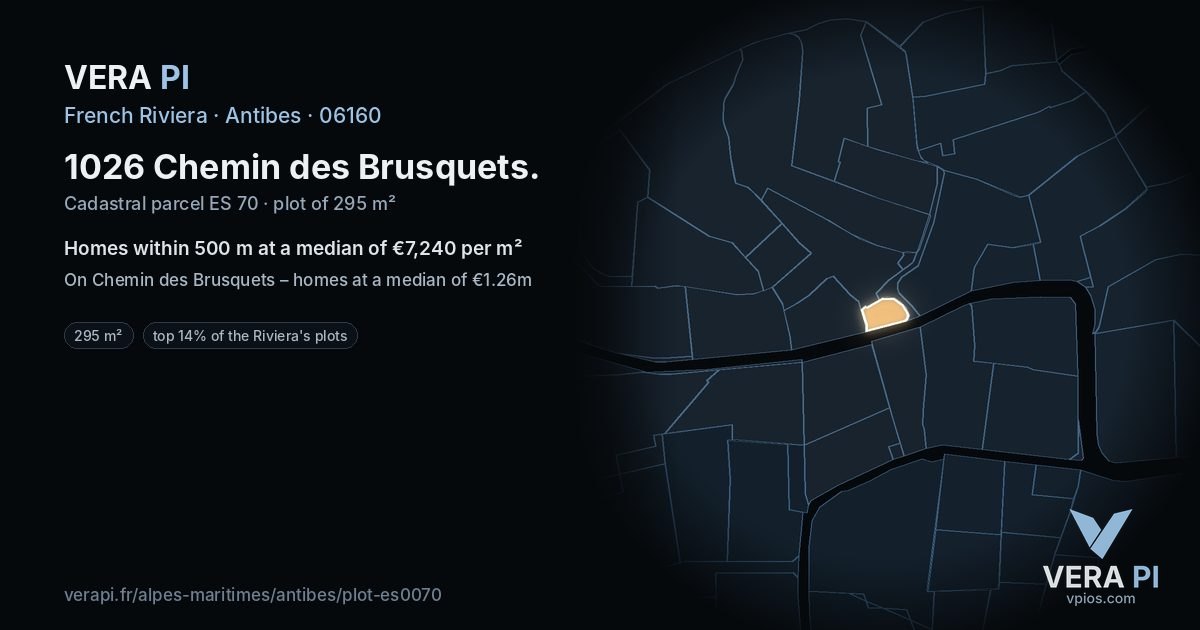 1026 Chemin des Brusquets, Antibes at night – the plot lit, the parcels around coloured by the prices near them