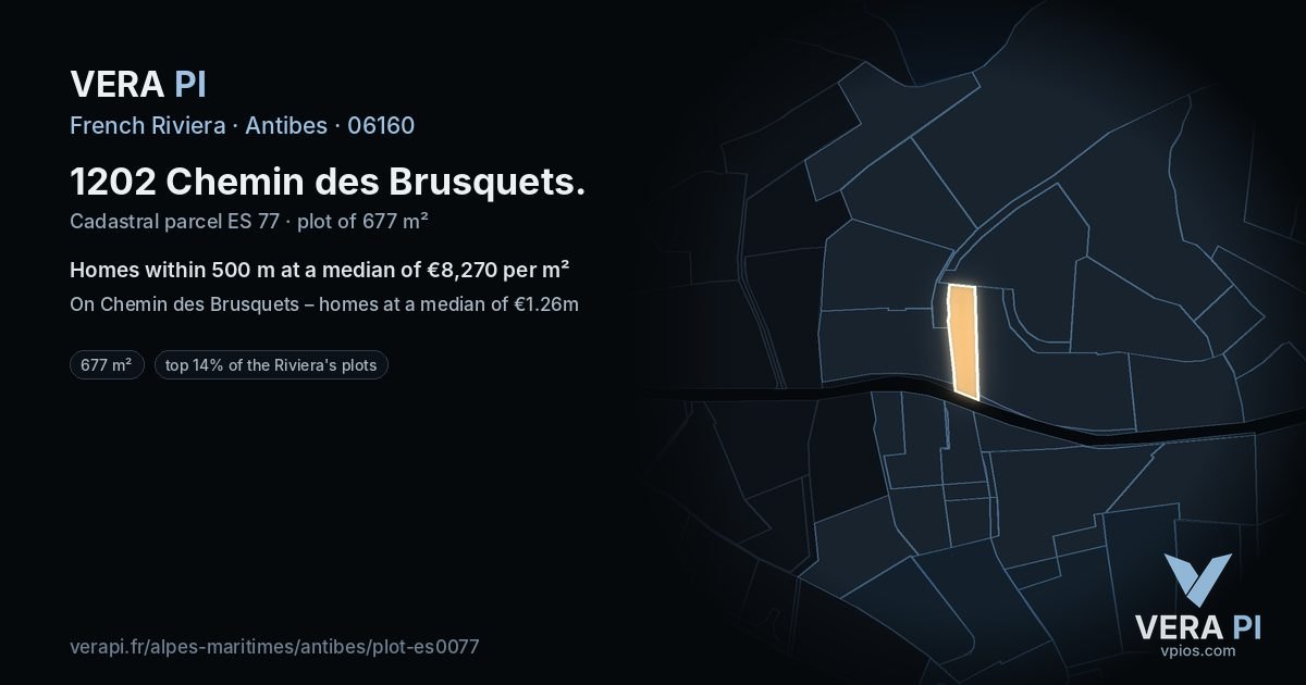 1202 Chemin des Brusquets, Antibes at night – the plot lit, the parcels around coloured by the prices near them