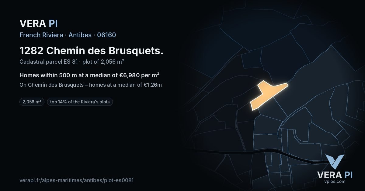1282 Chemin des Brusquets, Antibes at night – the plot lit, the parcels around coloured by the prices near them