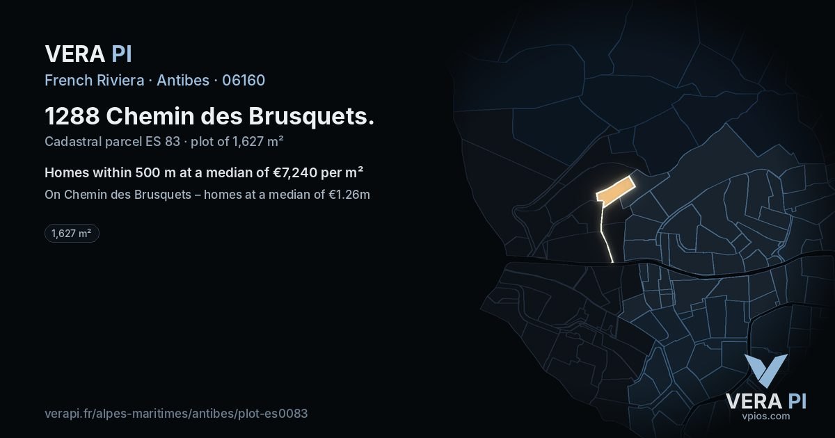 1288 Chemin des Brusquets, Antibes at night – the plot lit, the parcels around coloured by the prices near them